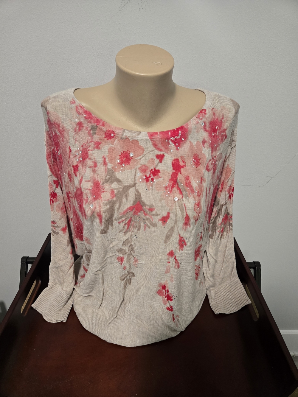 INC International Concepts Pink Floral Scoop Neck Sweater with Sequins